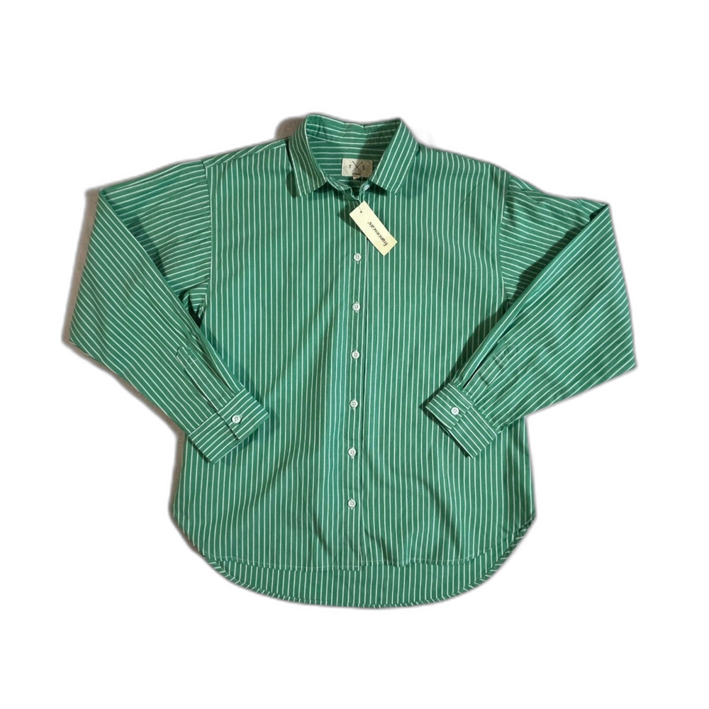 NWT T/S Green Poplin White Button Down Women Shirt Preppy $50 XS Francescas